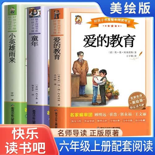 快乐读书吧六年级上全3册 爱的教育 童年 小英雄雨来 名师导读 同步教材小学生课外拓展阅读书封面