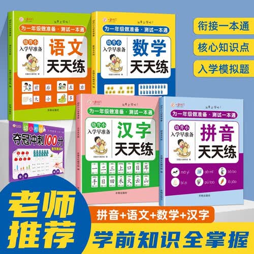 幼升小入学早准备：语数英天天练 幼升小拼音语文数学汉字入学早准备天天练早教知识教材 汉字天天练 幼小衔接大班学前班数学练习册夺冠冲刺100分试卷全5册封面