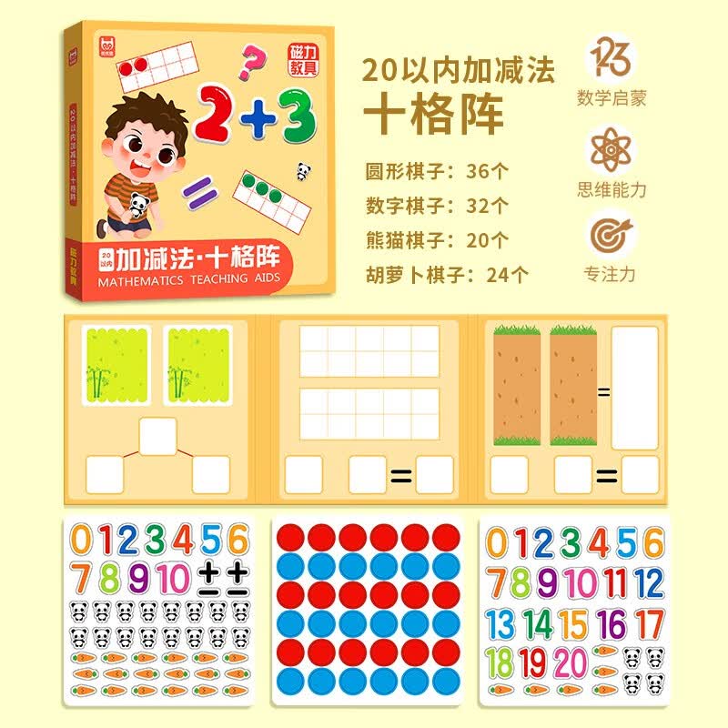 磁力教具数学启蒙教具(精装礼盒4册) 幼小衔接数学启蒙 凑十法借十法分数板分数盘蒙氏百数板20以内加减法十格阵 儿童节礼物详情图