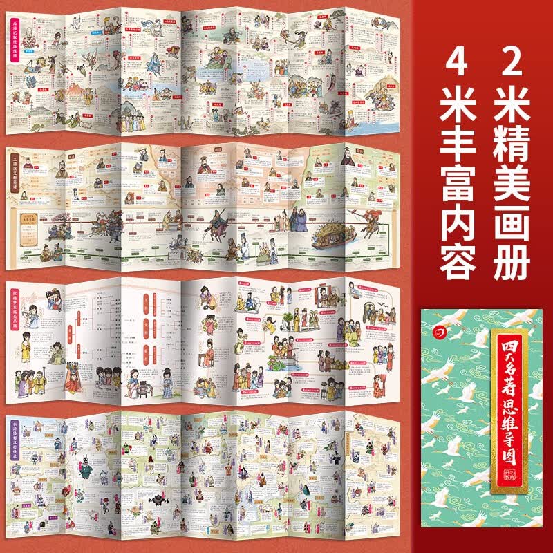 四大名著思维导图折页画册 中小学生中国古典文学名著漫画解读西游记红楼梦水浒传三国演义人物关系图