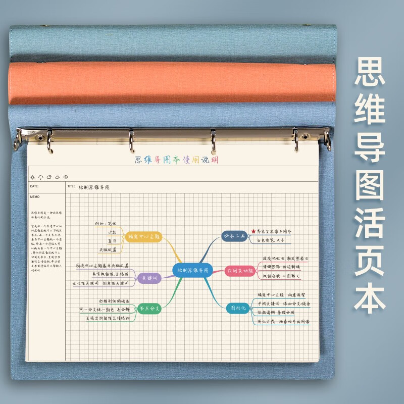 思维导图笔记本子活页可拆卸网格本软皮活页本简约ins大学生考研学习读书记事本摘抄记录本可印logo A4蓝色-思维导图详情图