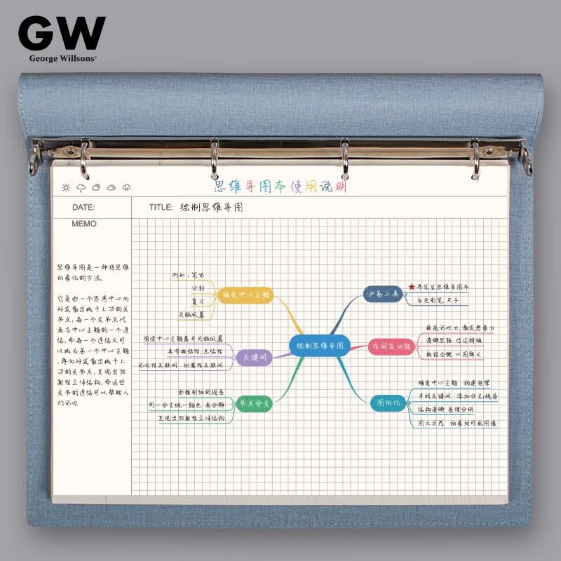 思维导图笔记本子活页可拆卸网格本软皮活页本简约ins大学生考研学习读书记事本摘抄记录本可印logo A4蓝色-思维导图详情图