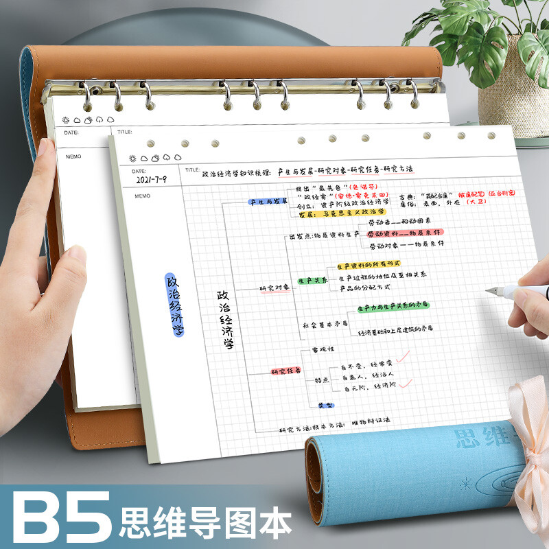 嘉然恒B5大号思维导图活页康奈尔笔记本本子16K软皮面大学生考公考研网格本方格复习记事本可拆卸蓝色 详情图