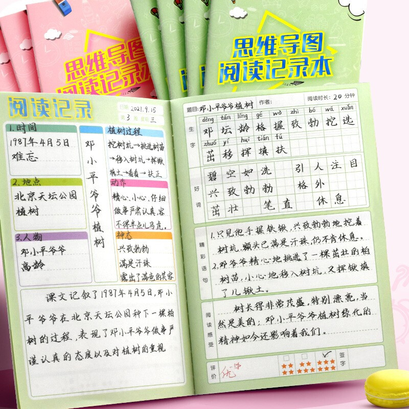 誉禾a5小学生思维导图阅读记录本儿童读书笔记读后感好词好句积累本子4本装 5198绿色