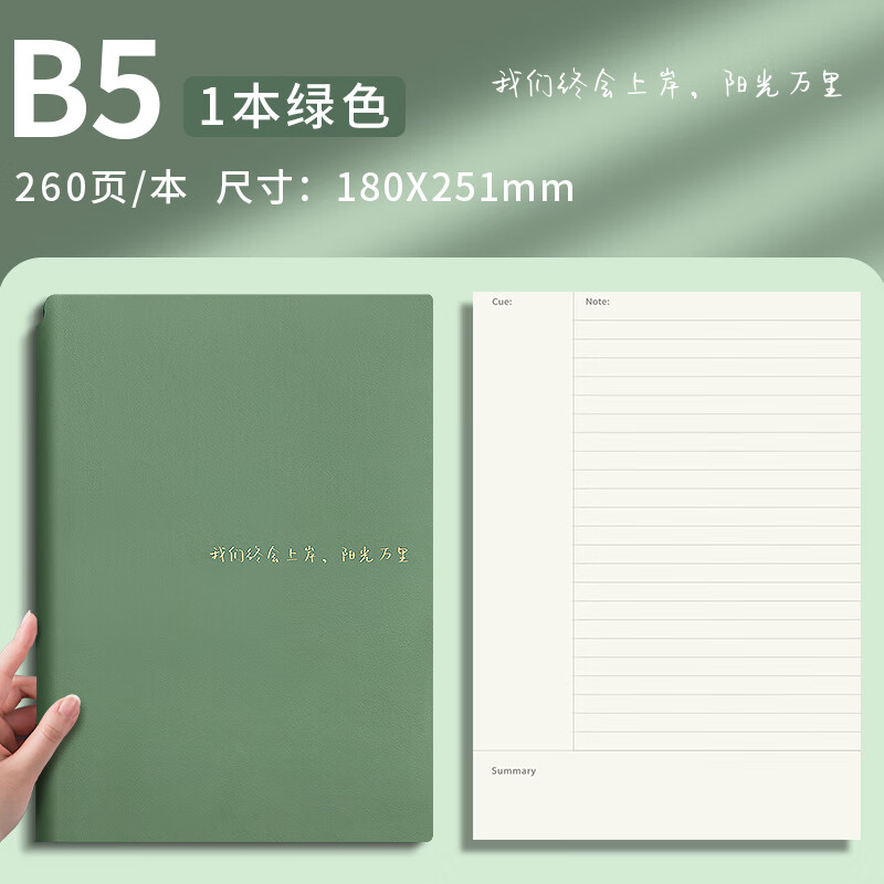 【开学必备】ujia 康奈尔笔记本本子文具软皮面本5R高效记忆思维导图复习本学生考研学习记事本 绿色详情图