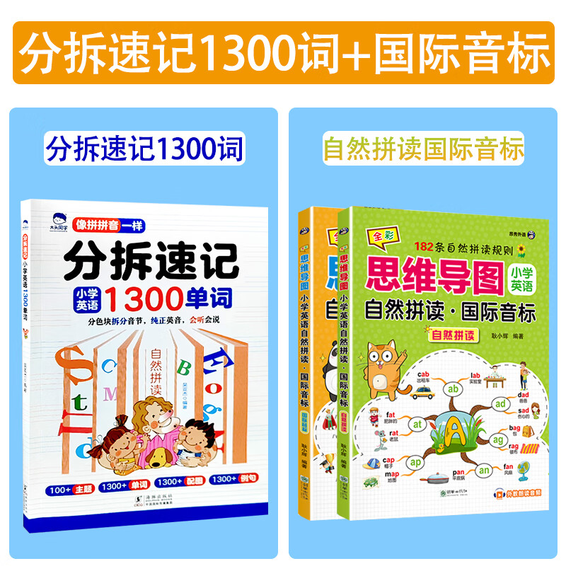 分拆速记英语分拆速记小学1300单词 小学生拼读法英语必背单词大头同学像拼拼音一样 音标自然拼读记单词一本通人教版拆分手册 分拆速记英语1300单词+2册英语思维导图自然拼读 小学通用详情图