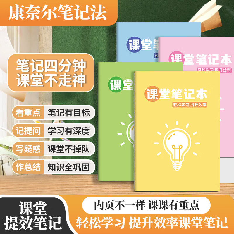 【4本装】佐澜哲 不走神康奈尔课堂笔记本本子b5/40张大号加厚思维导图笔记本子初高中生高效上课笔记本详情图