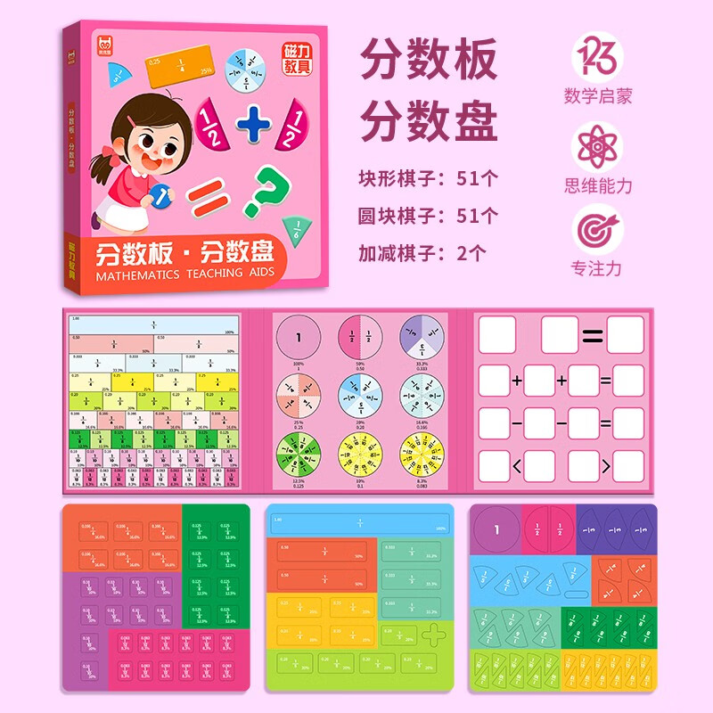 磁力教具数学启蒙教具(精装礼盒4册) 幼小衔接数学启蒙 凑十法借十法分数板分数盘蒙氏百数板20以内加减法十格阵 儿童节礼物详情图