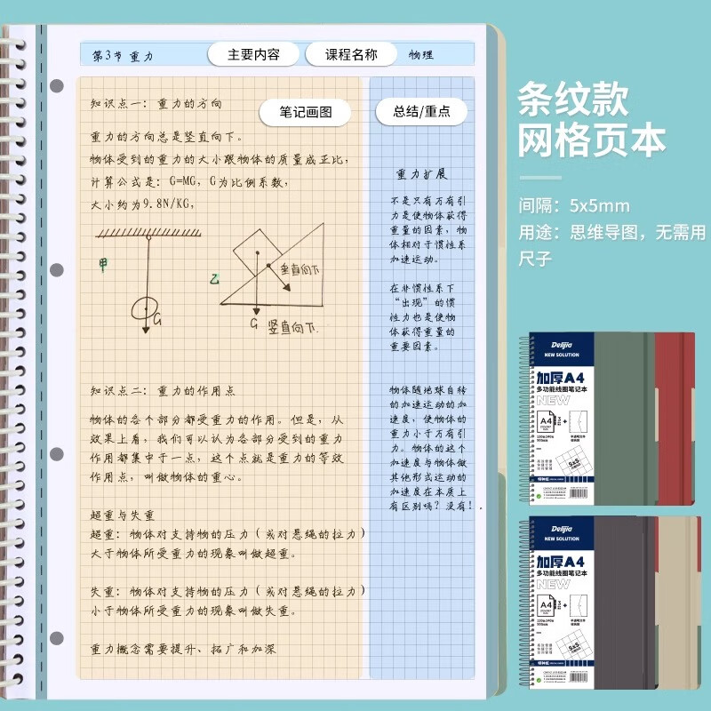 Delijia得力佳PP软线圈本a4美式大线圈笔记本记事本子四孔活页本内芯横线方格多功能大学生可撕加厚颜值思维导图 【A4大线圈本/带文件夹】米白【方...详情图