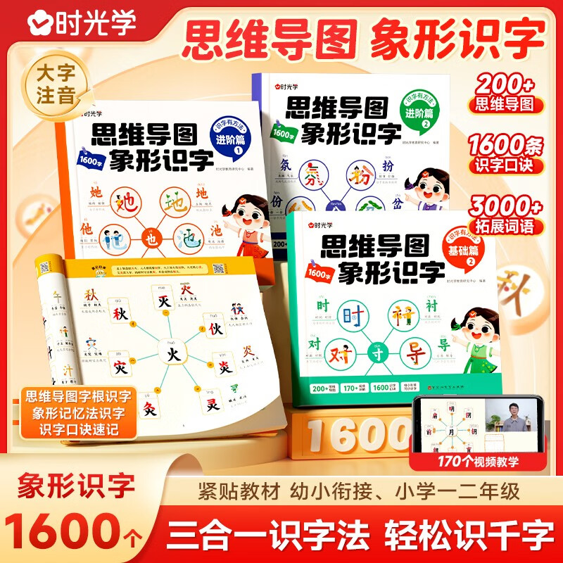 【时光学】思维导图象形识字基础+进阶篇全4册小学速记汉字识字口诀趣味识字1600字生字组词神器详情图