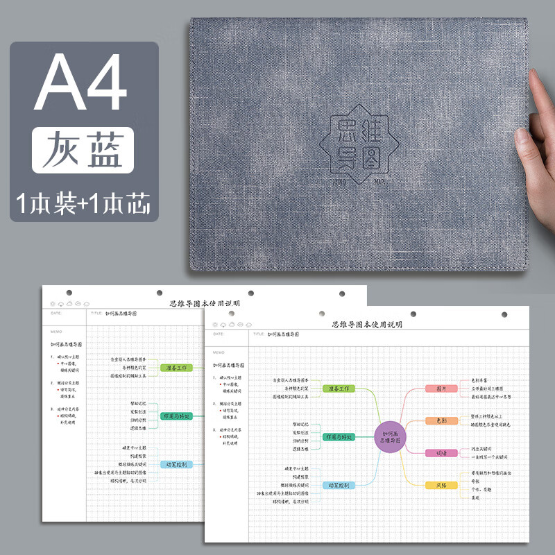 白金丽人 A4大号思维导图本活页康奈尔加厚软皮面记事本大学生开学季课堂考研做笔记可拆卸网格本 灰蓝色详情图