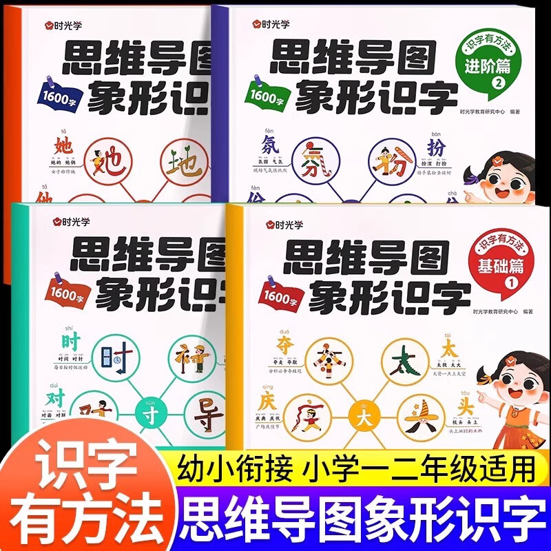 【时光学】思维导图象形识字基础进阶篇全套幼儿认字识字书象形1600字幼儿园大班学前班宝宝早教启蒙书幼小衔接升一二年级看图识字教材 基础篇+进阶篇（全4册）