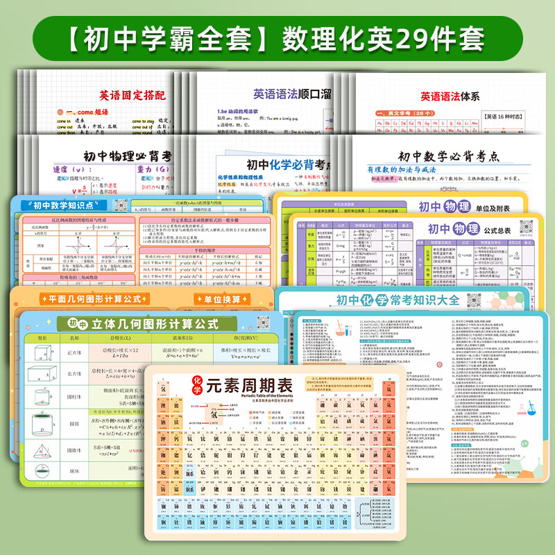 2025中考初中数学知识点总结物理公式大全知识点总结元素周期表难点重点考点归纳学霸笔记速记卡片 【初中学霸全套】数理化英29件套 42cm*58cm 名师精编防水覆膜