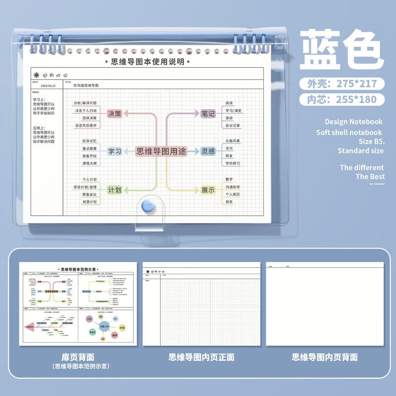 经美B5活页思维导图笔记本子可拆卸网格加厚软壳简约大学生考研专用 B5蓝-1壳2芯 软壳【思维导图本】60张120页/芯详情图
