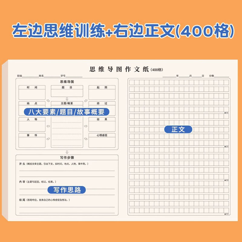 纸老虎思维导图作文纸 小学生写作训练专用作文方格纸400格练习纸本稿纸 思维导图作文纸400格【1包50张】详情图
