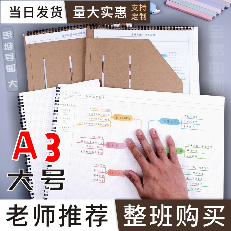 御阅A3思维导图笔记本子大号加厚网格本8k草稿纸设计师量尺专用康奈尔 A3思维导图100g米黄 1本详情图