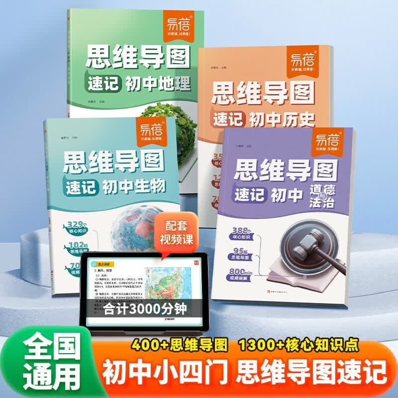 【易蓓】(套装4本）思维导图速记初中小四门 历史+道德与法治+生物+地理 中考会考基础知识大全详情图