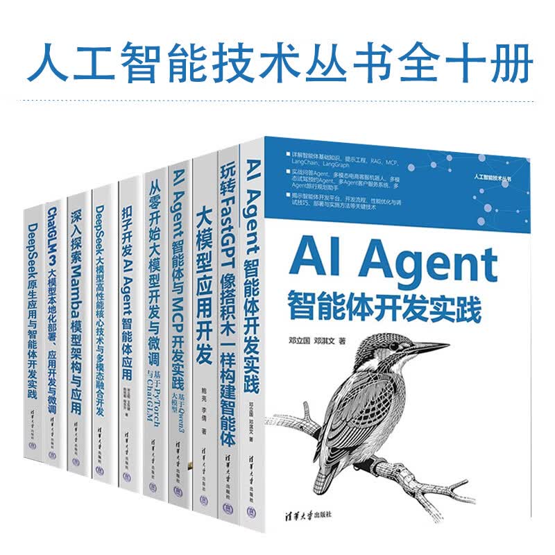 人工智能技术丛书10册：AI Agent智能体开发实践+大模型应用开发+从零开始大模型开发与微调+扣子开发AI Agent智能体应用+DeepSeek原生应用与智能体开发实践+玩转FastGPT等 正详情图