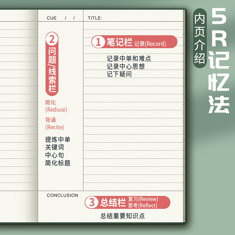 嘉然恒康奈尔笔记本本子B5软皮面本5R记忆法思维导图大学生开学必备复习考研备考学习考公记事本墨绿色详情图