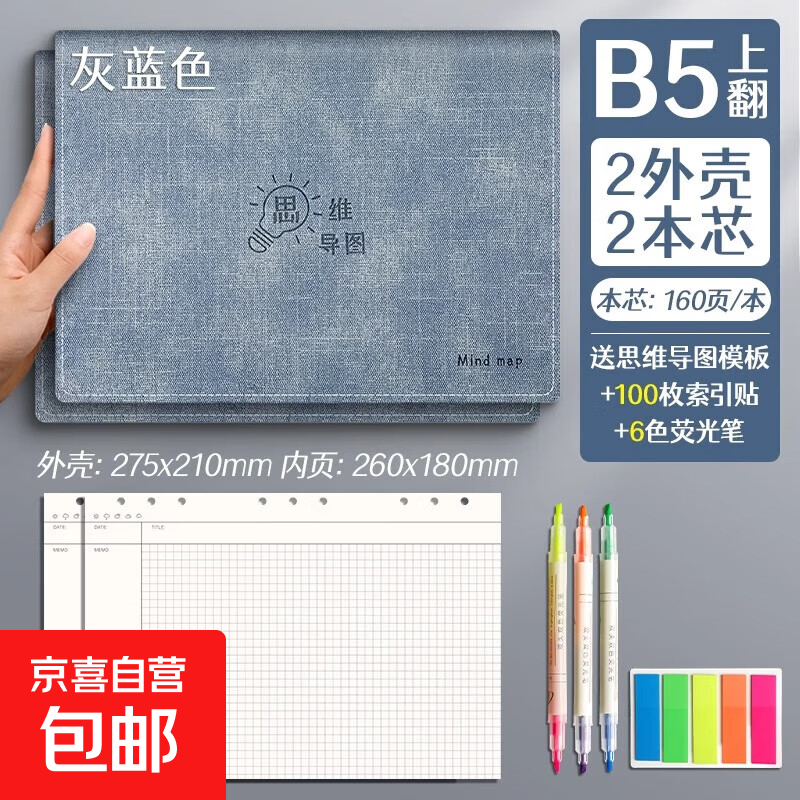 活页思维导图笔记本a4皮面加厚可拆卸b5笔记本子大学生日记本初中生记事纸思维导图网格本高中生 2本【B5/灰蓝色】送索引贴+荧光笔详情图
