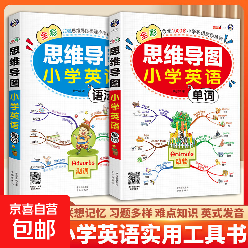 思维导图全彩少儿版小学生英语单词预发零基础图解快速记背单词 【全2册】 英语语法+英语单词