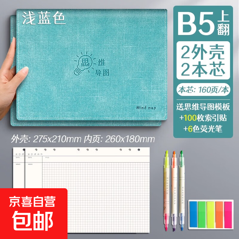 活页思维导图笔记本a4皮面加厚可拆卸b5笔记本子大学生日记本初中生记事纸思维导图网格本高中生 2本【B5/浅蓝色】送索引贴+荧光笔详情图