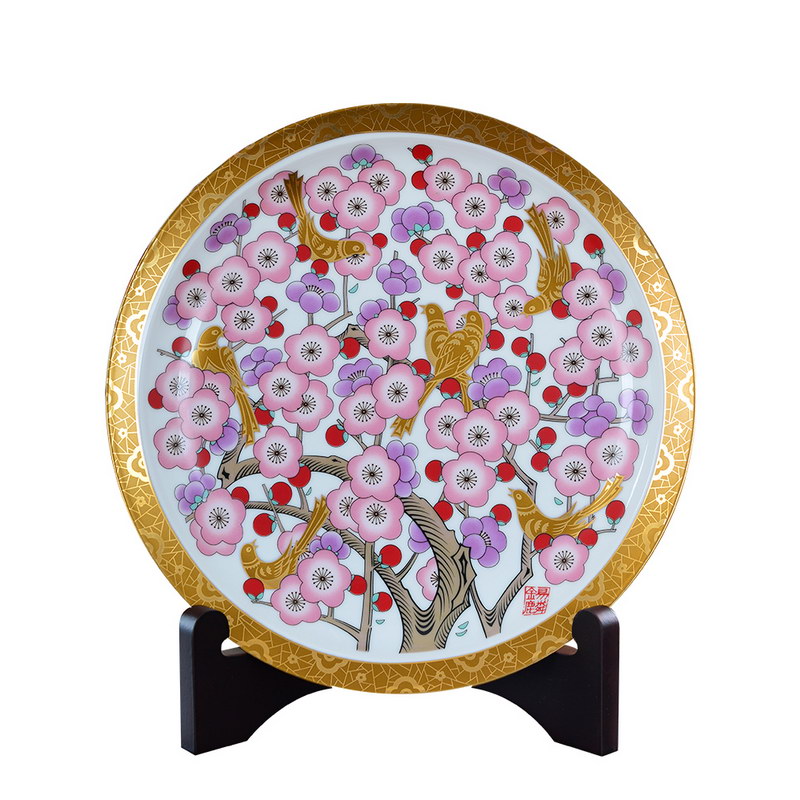 瓷博景德镇陶瓷盘子装饰看盘摆件美式描金边喜鹊工艺品喜上梅梢秦锡麟