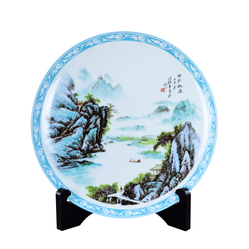 瓷博 景德镇陶瓷盘子摆件 山水画世外桃源汪桂英大师创作坐盘挂盘工艺