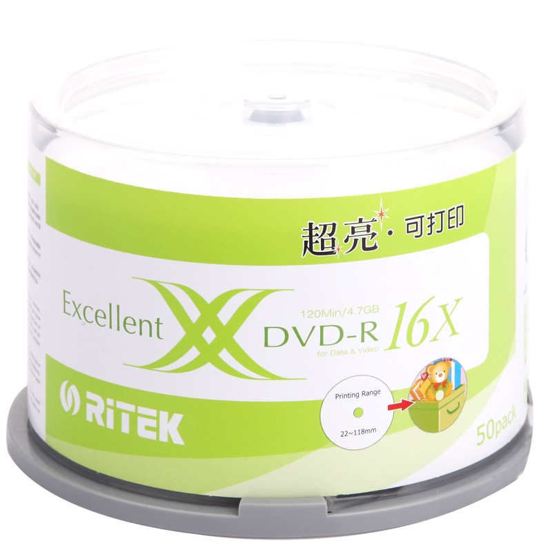 铼德(RITEK) 台产超亮可打印 DVD-R 16速4.7G 空白光盘/光碟/刻录盘 桶装50片