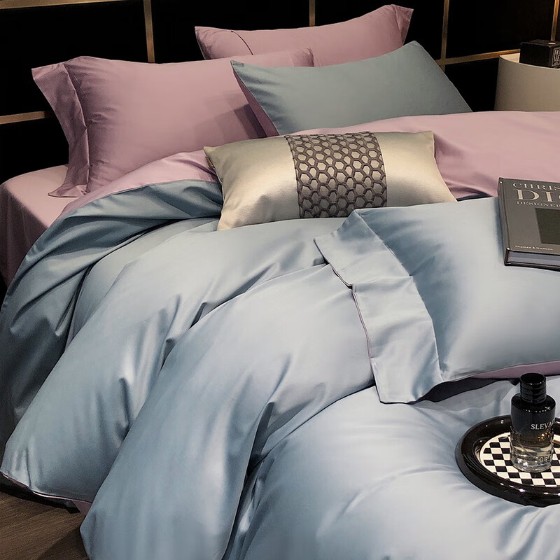 巴雷特长绒棉A类全棉100支贡缎四件套 纯棉床笠款床品套件hg1028 100支-浅湖蓝-yc 床单款 1.8米床(被套200*230cm)