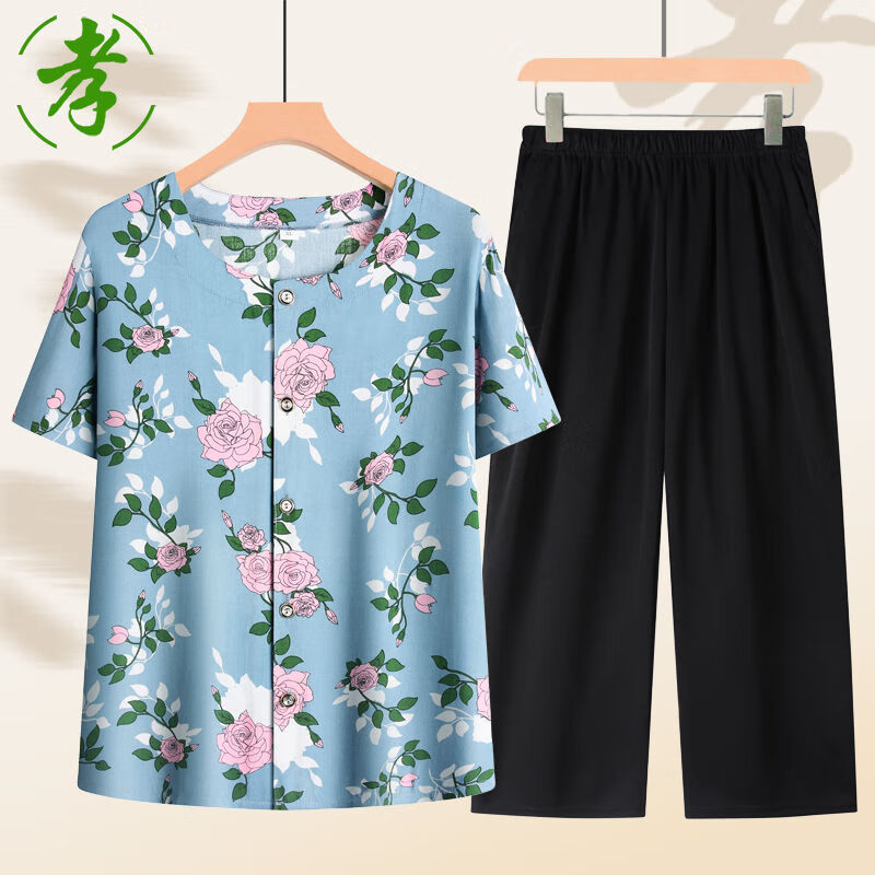 人夏季套装纯棉绸t恤女奶奶妈妈衬衫老太 1号款式-套装-【t恤开衫款】