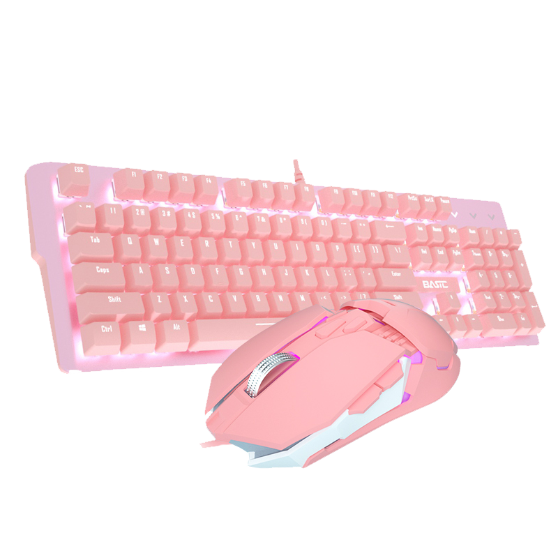 本手 机械键盘鼠标套装 粉色有线游戏键鼠套装 男女生台式笔记本电脑CF吃鸡LOL背光发光外接电竞外设 樱花粉色机械键盘（青轴）