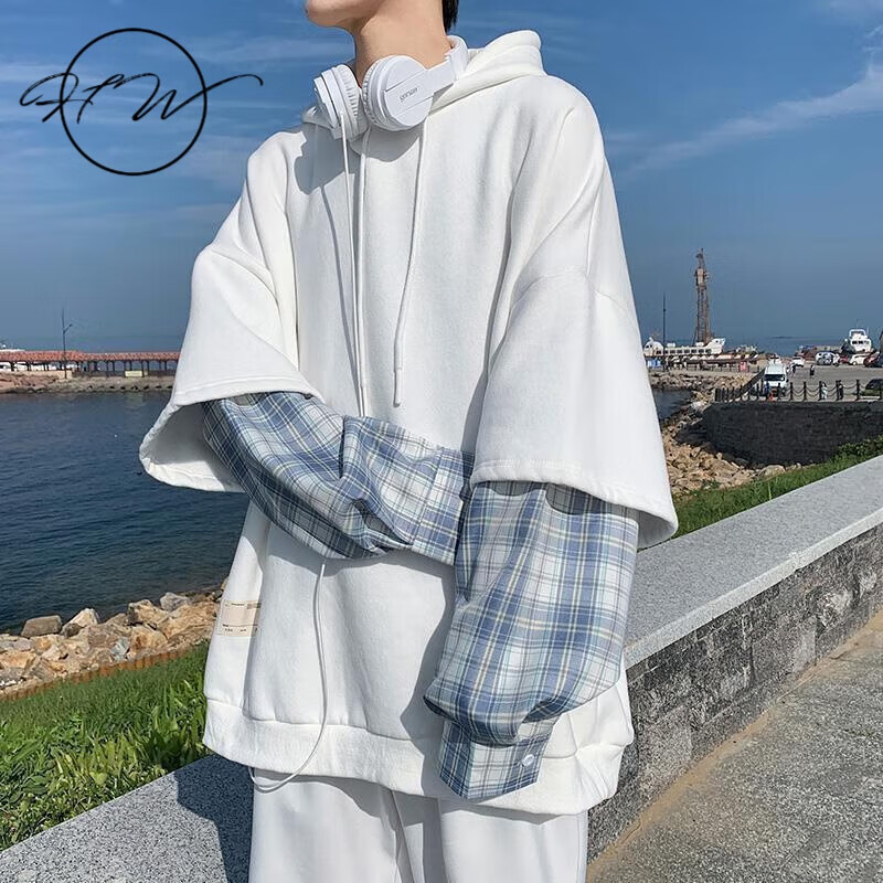 后沃 假两件连帽卫衣男春秋潮牌休闲套装男生外套百搭帅气一套衣服