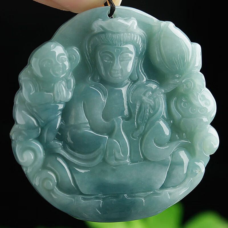 倪曼老坑a货缅甸翡翠玉观音吊坠童子观音玉佩大件送子观音项坠