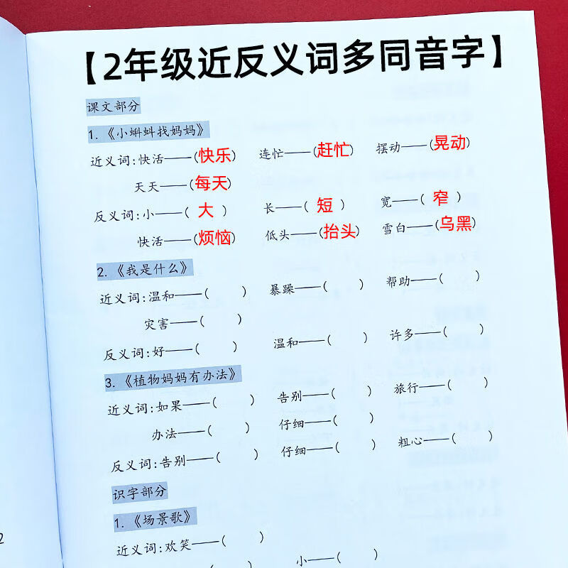 打印册小学二年级上下册近反义词多同音字形近字专项训练教材同步练习