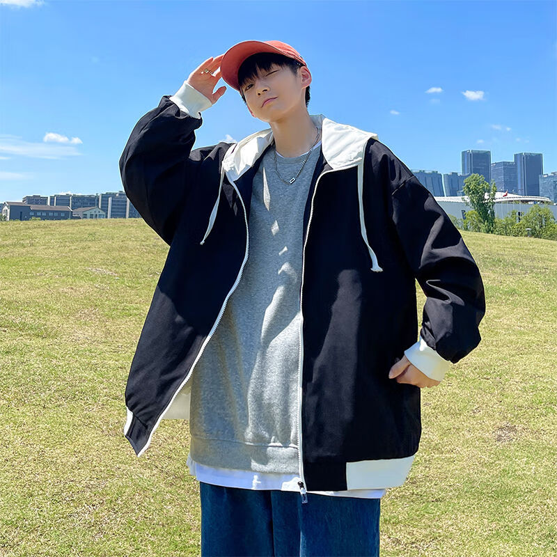 绅栩高中生男孩子穿的外套新款潮牌春秋季宽松港风休闲拼色拼接高街连