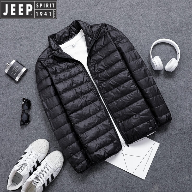 吉普（JEEP）連帽輕薄羽絨棉服男短款輕便薄款加肥加大碼胖子中老年特大款外套 黑色男立 領(lǐng) 3XL