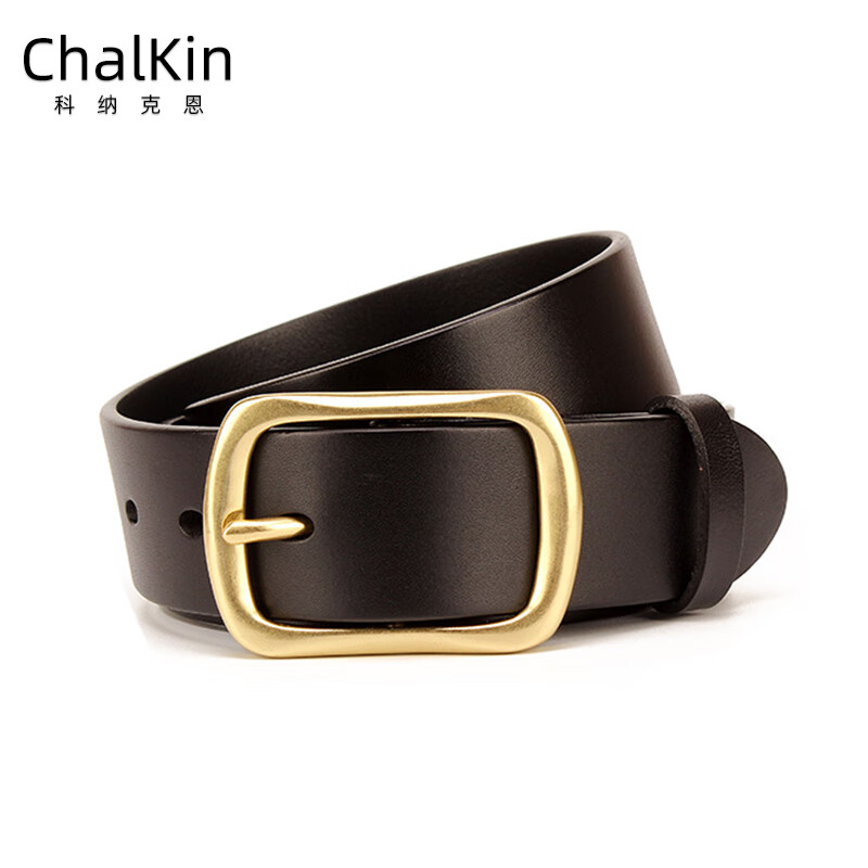 CHALKIN加长皮带男士真皮黄铜针扣式无夹层头层纯牛皮休闲百搭大码腰带 黑色/加长140-150CM