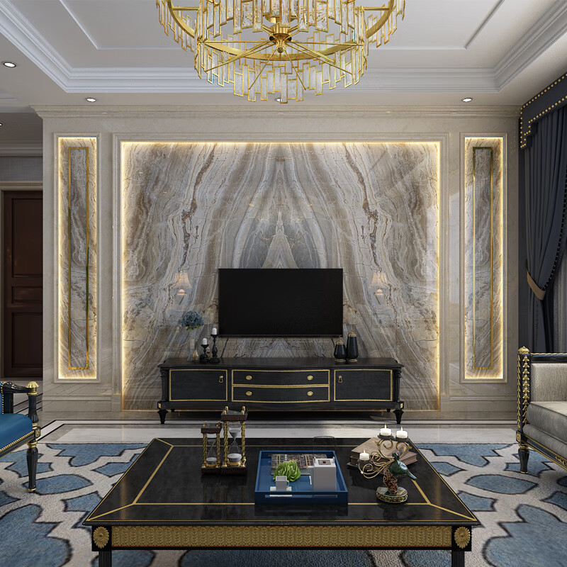 定制影视墙石材微晶石客厅奢华瓷砖电视墙美式轻奢护墙板天然大理石