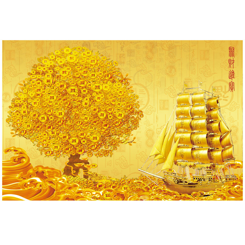 子木雅居黄金发财树盆金色背景墙一帆风顺摇钱树装饰壁画满载而归贴画