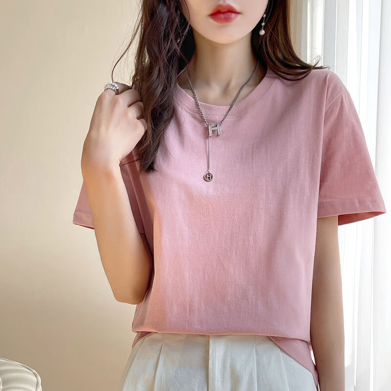 杭馨咚新款夏季棉女装t恤色圆领短袖性感薄款休闲上衣 暗粉色 s 75-90