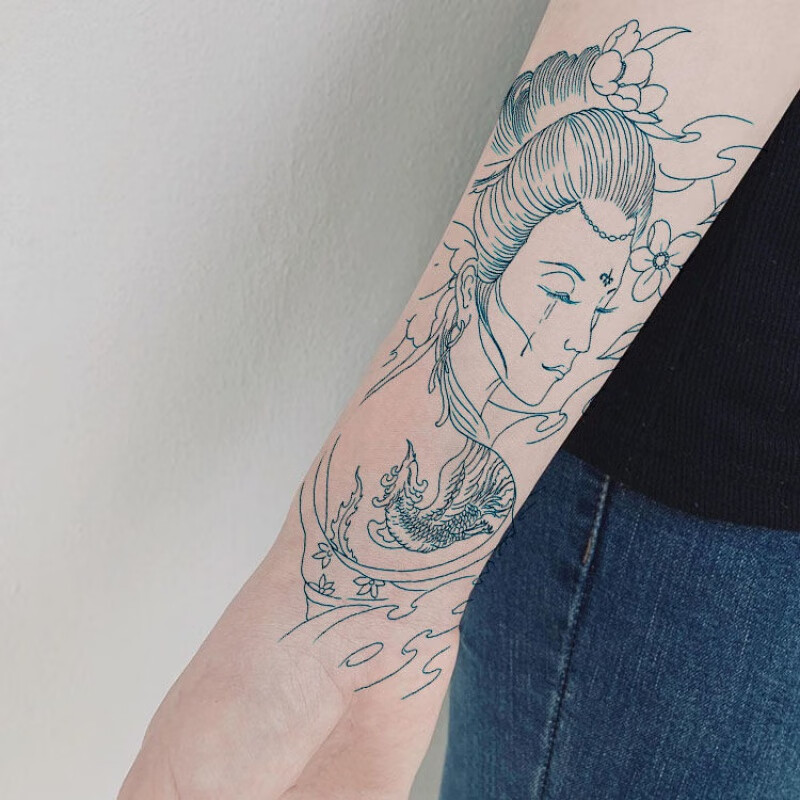 千色集落泪艺伎男女款防水纹身贴线条割线刺青色花旦艺凤凰女纹身贴纸 一张