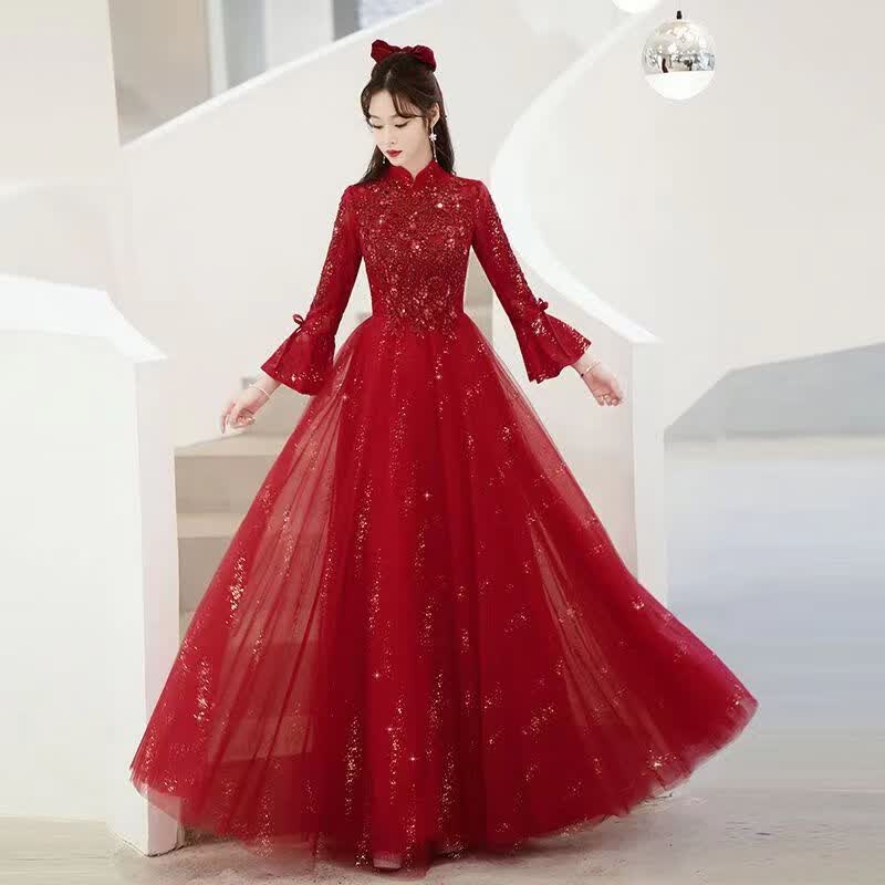 兰卡·罗妮冬季敬酒服新娘新款长袖高级感大气订婚结婚出阁宴晚礼服裙女 酒红色 L高性价比高么？