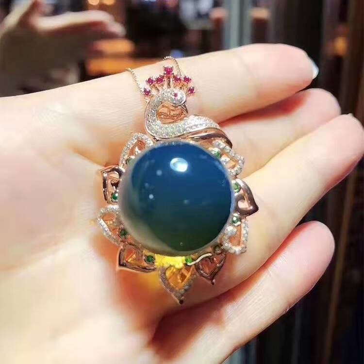 韩生生黑绿珍珠项链多米尼加蓝珀吊坠18mm5a净水天空蓝琥珀高贵气质
