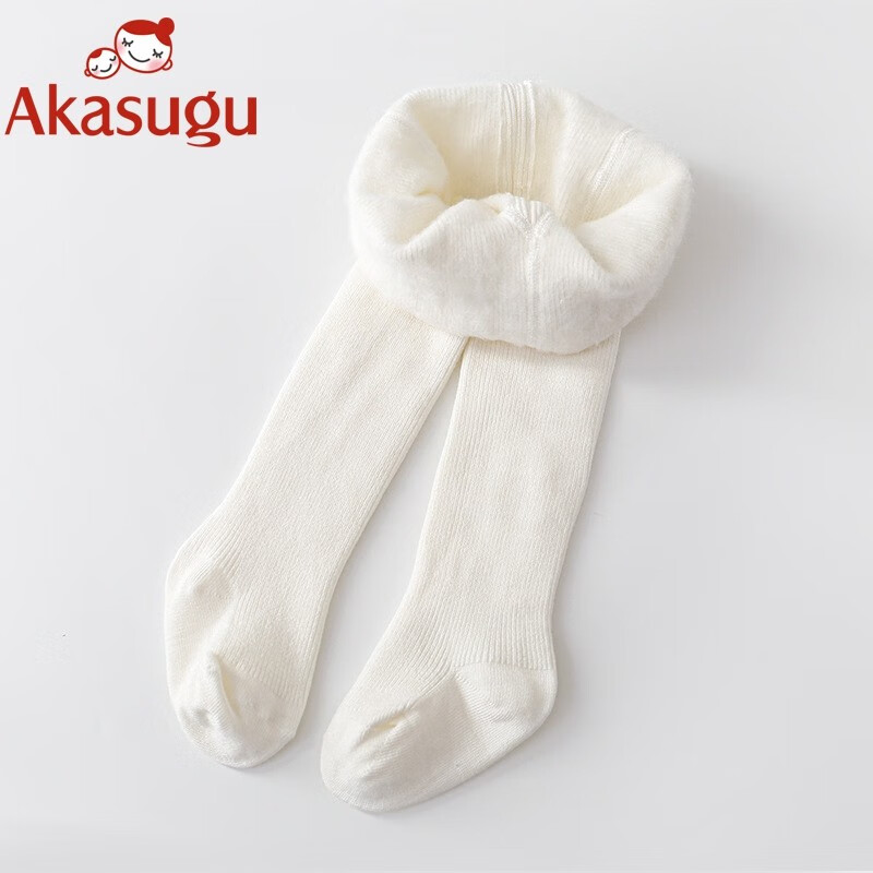 Akasugu兒童連褲襪子薄絨女童打底襪嬰兒寶寶秋冬季保暖連腳褲襪 刷毛打底褲-白色 S碼0-6個月（可開檔）