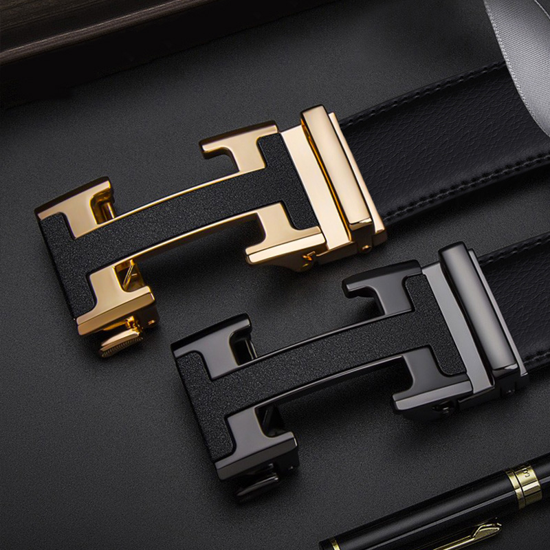 POACY男士皮带真牛皮 商务腰带男时尚裤带男款字母简约 礼物 PY24枪色H扣 115cm 【裤码35-37】