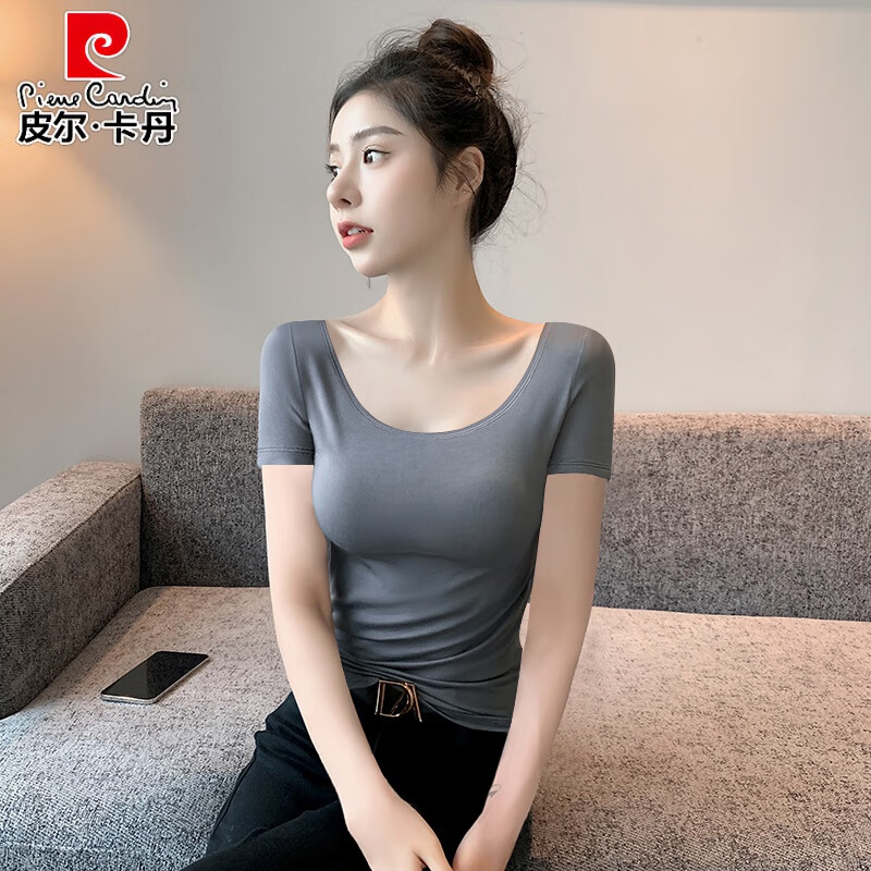 皮爾卡丹莫代爾t恤女短袖低領(lǐng)2025新款夏季冰絲正肩緊身露背U領(lǐng)大領(lǐng)口上衣 鐵灰色【莫代爾】 L105-116斤