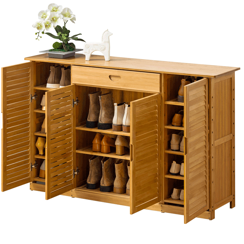 木马人 简易多层换鞋凳欧式北欧鞋橱鞋柜非实木现代简约小鞋架玄关楠竹柜子防尘鞋凳穿鞋凳门厅柜大容量 【百叶门】原色-四门【带抽屉】A款
