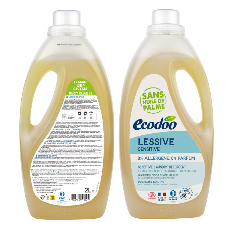 逸乐舒ecodoo原装进口洗衣液孕妇宝妈洗衣液无荧光剂婴幼儿洗衣液洗涤剂 无香洗衣液2L