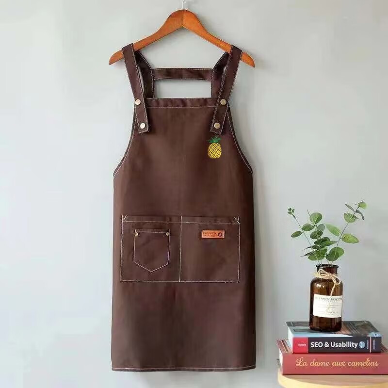 欧格达日系可爱帆布牛仔背带围裙可印logo防水防油围裙加厚耐磨厨房围裙 黑色牛仔菠萝